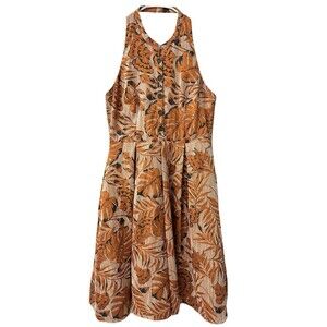 NEW Eva Franco Anthropologie Womens XL Palm Halter Fit & Flare Mini Dress Orange